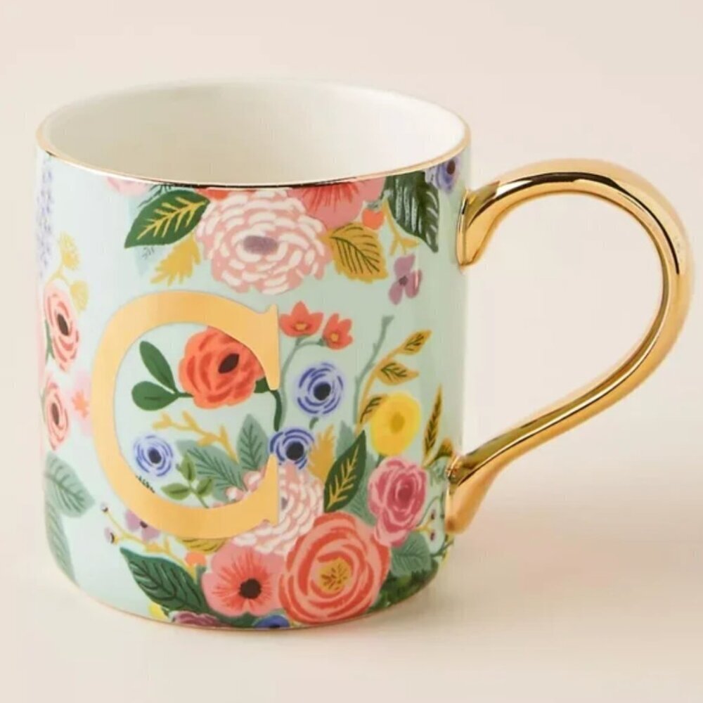 Anthropologie x Rifle Paper Co Garden Party "C" Monogram Mug Floral Metallic
